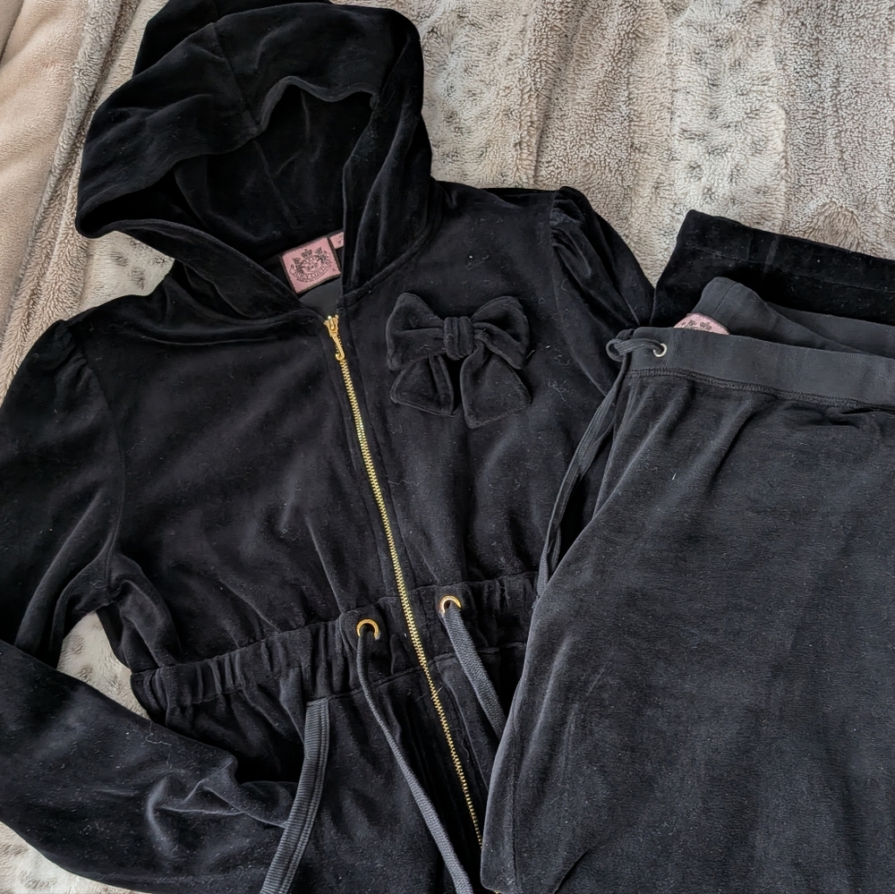 Juicy Couture Black Velour Tracksuit Set - XL - Bow Detail Y2K